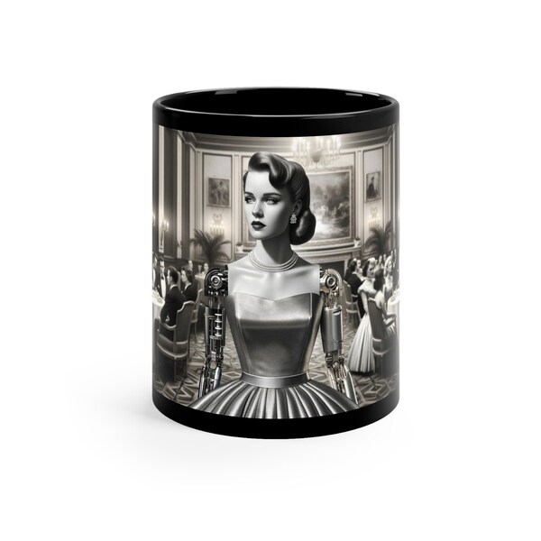 Timeless Original 11oz Black Coffee Mug Retro-Futurism Elegance Cyberpunk Dystopian 1920s 1930s 1940s Automaton Robot Woman Lady Sci-Fi Art