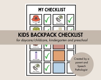 Könnte beinhalten: Eine druckbare Checkliste für Kinderrucksäcke. Die Checkliste enthält Gegenstände wie einen Hut, schmutzige Kleidung, ein Kuscheltier, eine Trinkflasche und mehr. Die Checkliste trägt den Titel "Kids Backpack Checklist" und ist für Kindertagesstätten, Kindertagespflege, Kindergarten und Vorschule gedacht. Sie wurde von einem Elternteil und einem Logopäden erstellt.