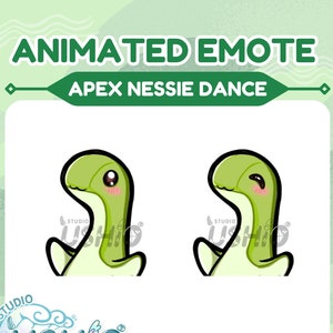K&ouml;nnte beinhalten: Animiertes Emoji eines gr&uuml;nen Nessie-&auml;hnlichen Wesens mit gro&szlig;en Augen und einem rosa Rouge. Das Wesen ist in zwei Posen, eine mit erhobenen Armen und die andere mit heruntergelassenen Armen. Der Text "APEX NESSIE DANCE" befindet sich &uuml;ber dem Wesen. Der Text "STUDIO USHIO" befindet sich unter dem Wesen.