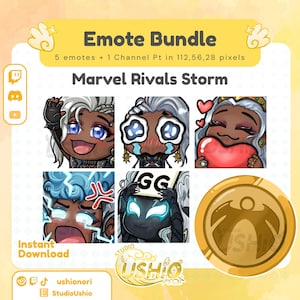 May include: A digital emote bundle featuring five character illustrations of Storm from Marvel Rivals and one channel point icon. The emotes show various expressions including waving, crying, holding a heart, angry with lightning, and holding a GG sign.
