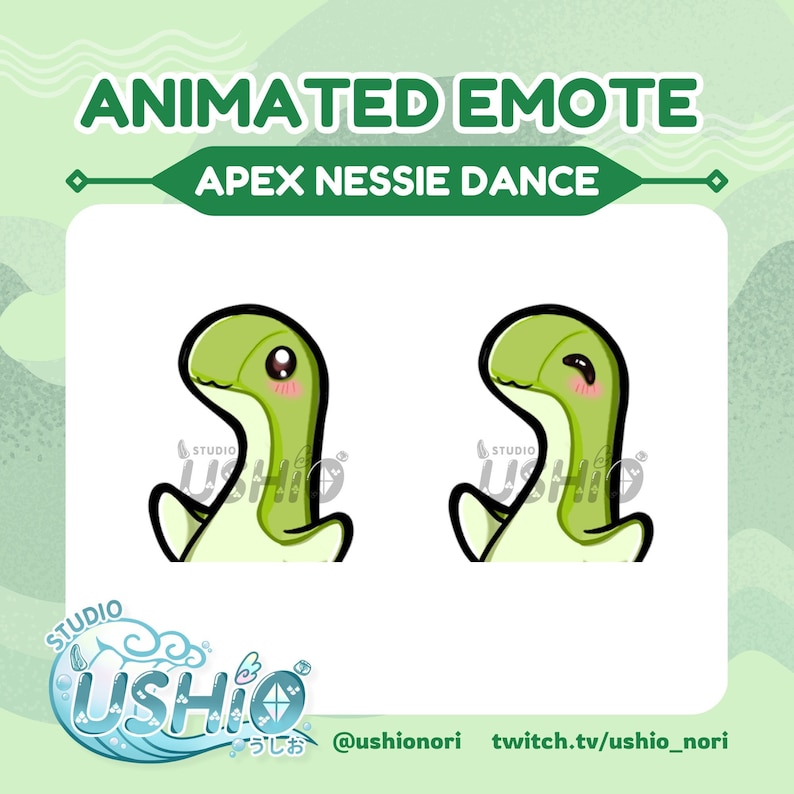 K&ouml;nnte beinhalten: Animiertes Emoji eines gr&uuml;nen Nessie-&auml;hnlichen Wesens mit gro&szlig;en Augen und einem rosa Rouge. Das Wesen ist in zwei Posen, eine mit erhobenen Armen und die andere mit heruntergelassenen Armen. Der Text "APEX NESSIE DANCE" befindet sich &uuml;ber dem Wesen. Der Text "STUDIO USHIO" befindet sich unter dem Wesen.