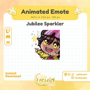 Könnte beinhalten: Ein animiertes Emote mit dem Titel Jubilee Sparkler, das eine Zeichentrickfigur mit dunklem Haar, gelben Augen und einem rosa Visier zeigt. Die Figur trägt eine gelbe Jacke und zeigt auf einen leuchtend gelben Stern, umgeben von bunten Konfetti.