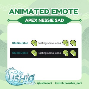 Puede incluir: Emoticono animado para el videojuego Apex Legends. El emoticono presenta un monstruo verde con una expresi&oacute;n triste. El texto "StudioUshio: Testing some icons" aparece dos veces sobre un fondo negro.