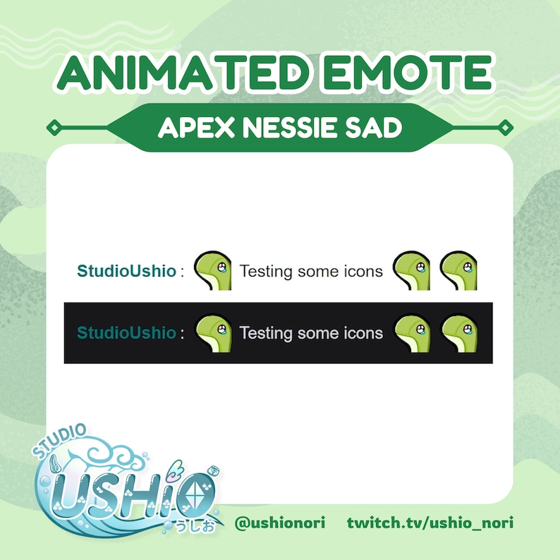 Puede incluir: Emoticono animado para el videojuego Apex Legends. El emoticono presenta un monstruo verde con una expresi&oacute;n triste. El texto "StudioUshio: Testing some icons" aparece dos veces sobre un fondo negro.