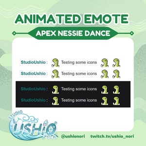 K&ouml;nnte beinhalten: Animiertes Emoji f&uuml;r das Videospiel Apex Legends. Das Emoji zeigt ein gr&uuml;nes Nessie-Monster beim Tanzen. Der Text "StudioUshio: Testing some icons" wird viermal wiederholt. Der Text "ANIMATED EMOTE" und "APEX NESSIE DANCE" befindet sich oben im Bild. Der Text "STUDIO USHIO" befindet sich unten im Bild. Der Text "@ushionori twitch.tv/ushio_nori" befindet sich unten im Bild.