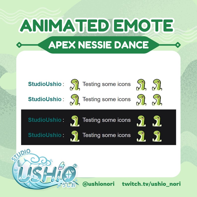 K&ouml;nnte beinhalten: Animiertes Emoji f&uuml;r das Videospiel Apex Legends. Das Emoji zeigt ein gr&uuml;nes Nessie-Monster beim Tanzen. Der Text "StudioUshio: Testing some icons" wird viermal wiederholt. Der Text "ANIMATED EMOTE" und "APEX NESSIE DANCE" befindet sich oben im Bild. Der Text "STUDIO USHIO" befindet sich unten im Bild. Der Text "@ushionori twitch.tv/ushio_nori" befindet sich unten im Bild.