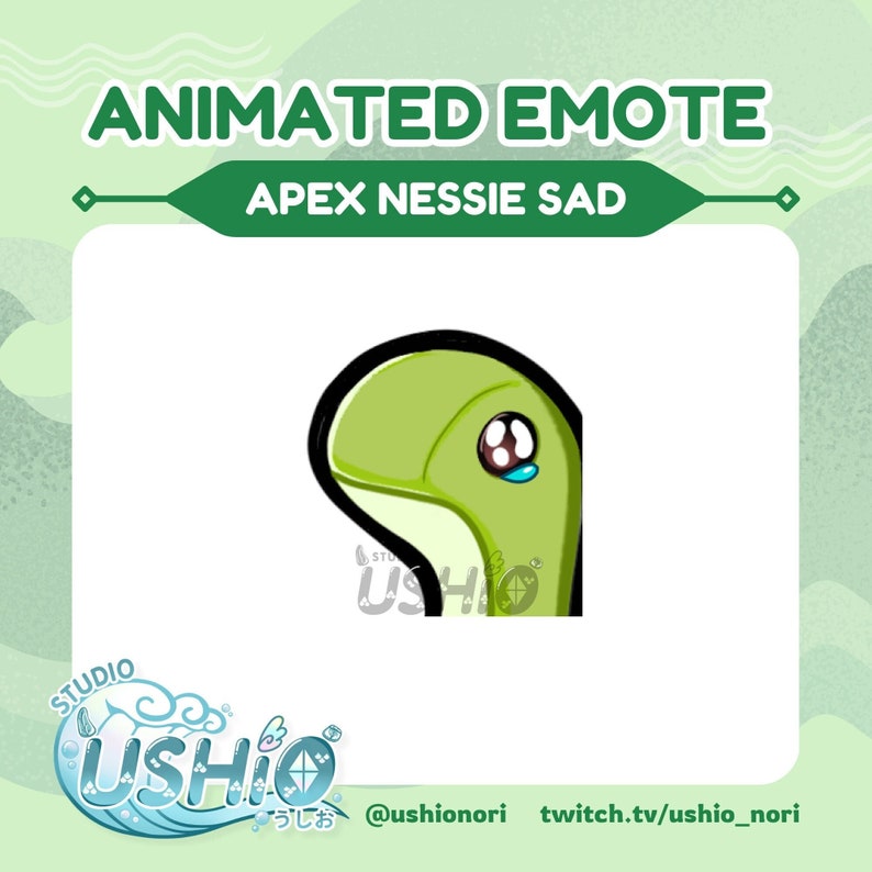 Puede incluir: Emoticono animado de monstruo Nessie verde con una expresi&oacute;n triste y una sola l&aacute;grima azul. El emoticono se titula "Apex Nessie Sad" y es de Studio Ushio.