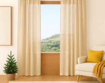 Boho Linen Beige Sheer Curtains for Living Room - Xmas Decor Curtain Panel | Custom Size Curtain Window Drapes | Farmhouse Deco Long Curtain