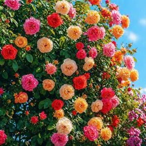 May include: A profusion of climbing roses in various stages of bloom. The image features roses in shades of pink, red, orange, and yellow, set against green leaves and a blue sky. The roses are densely packed, creating a rich, textured display of colour and form.
