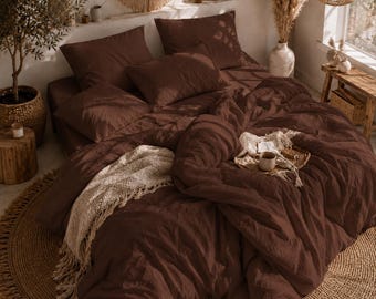 Brown Linen Bedding Set 5 Pcs – Rustic Bohemian Duvet Cover, Soft Washed Comforter Cover for King Living Room Beds, Modern Bedroom Bedding