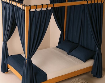 Linen Bed Canopy Curtain Four Corner Tent Bedroom, Extra Long Canopy Curtains for Home Decor, Bohemian Sheer Bed Canopy Curtains One Panel