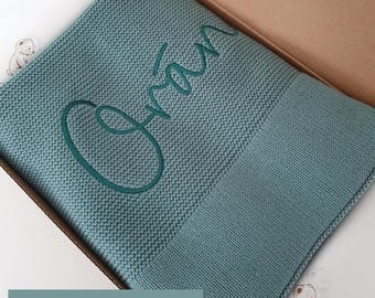 Personalised Knit Embroidered Baby Blanket, 100% Organic Cotton, Embroidery, Baby Gift, Baby Shower, Milestone Picture, Unique Baby Gift