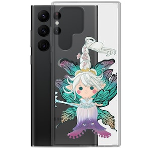 May include: A clear phone case with a colorful illustration of a fairy with wings. The fairy has a crown, white hair, and a pink and purple dress. The wings are green and blue with glitter accents.