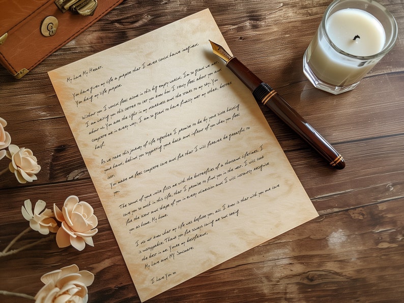 May include: A handwritten love letter on aged paper with a brown fountain pen and a candle on a wooden surface. The letter reads, "My love, My Hear... You have given my life a purpose star I never can have imagine. You hang ay isi fe purpose. Without you I wance fees aime in this big amply water Im so far we..."