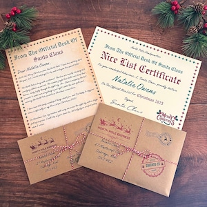 May include: A Christmas-themed image showing a letter from Santa, a Nice List Certificate, and two North Pole Express envelopes tied with red and white string. The documents have a vintage parchment appearance with decorative borders and text.