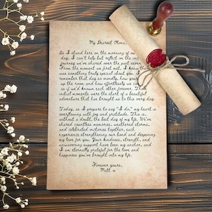 Lettera con sigillo di ceralacca, lettera in pergamena, lettera d'amore fatta a mano, lettera di voti nuziali personalizzata, invito in pergamena, regalo per anniversario, lettera per il giorno delle nozze