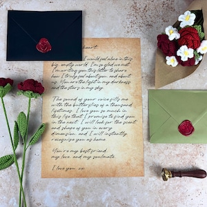 Lettera d'amore fatta a mano / Lettera personalizzata sigillata con ceralacca / Regalo di rosa all'uncinetto rifinito / Regalo romantico / Ricordo del mattino delle nozze / Regalo di anniversario