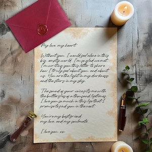 Carta de amor hecha a mano, sellada con cera, regalo de aniversario, regalo personalizado, carta para mi novia, carta con poema romántico, nota de votos matrimoniales