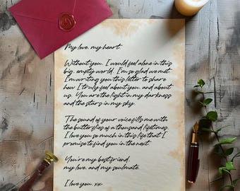 Carta de amor hecha a mano, sellada con cera, regalo de aniversario, regalo personalizado, carta para mi novia, carta con poema romántico, nota de votos matrimoniales