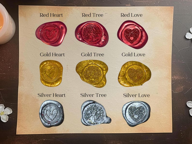 May include: Nine wax seals with different designs and colors. The designs include a heart, a tree, and a love symbol. The colors are red, gold, and silver.