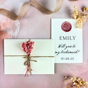 Mini fiori secchi per la proposta di matrimonio, biglietto sigillato con ceralacca, riempitivo per scatola di fiori secchi per la proposta di matrimonio, biglietto personalizzato "Sarai la mia damigella d'onore"
