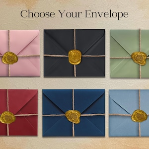 May include: Six different colored envelopes with a gold wax seal and twine tied around them. The envelopes are arranged in two rows of three. The text "Choose Your Envelope" is at the top of the image.