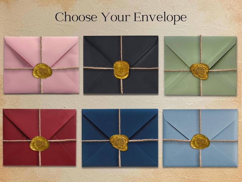 May include: Six different colored envelopes with a gold wax seal and twine tied around them. The envelopes are arranged in two rows of three. The text "Choose Your Envelope" is at the top of the image.