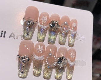 Handmade Snowflake Press On Nails: Long Almond, Party Nails