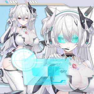 Peut inclure: Illustration de style anime d'un personnage féminin aux longs cheveux blancs, vêtue d'une tenue blanche et noire avec des accessoires futuristes. Le personnage a des oreilles pointues, des yeux rouges et tient une interface bleue lumineuse.
