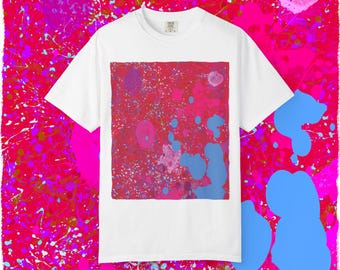 Abstract Splatter Art T-Shirt | Pink Blue Paint Square