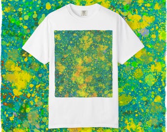 Green Yellow Splatter Art T-shirt | Abstract Paint Square