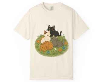 Cat Pile T-Shirt | Cats in Flower Meadow Graphic Tee