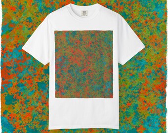 Abstract Speckled Square T-Shirt | Green Orange Blue Dye Pattern