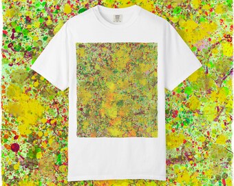 Abstract Splatter Art T-Shirt | Yellow Green Paint Square
