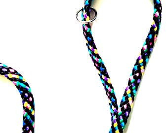 Hondenriem in diverse kleuren met ronde ring in de handlus, gemaakt van 8 mm PPM gevlochten touw – meerkleurig – in drie lengtes.