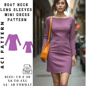 Pode incluir: Um padrão de costura digital para um vestido curto com decote barco e mangas compridas. O padrão está disponível nos tamanhos portugueses 34-52, do XS ao 4XL, e está no formato A4/A0. O padrão é para um vestido roxo.