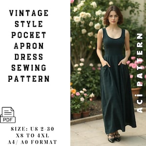 Vintage style round neck pocket apron dress sewing pattern -General dress pattern -Women&#39;s sewing pattern dress-General autumn dress 2 to 30