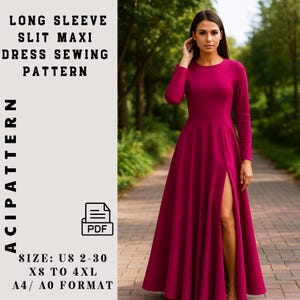 Long Sleeve Slit Maxi Dress Sewing Pattern: Women&#39;s Evening Gown (PDF Pattern, Size 2-30)