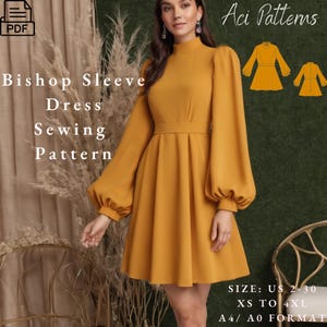 Pode incluir: Padrão de costura de vestido com manga bispo na cor mostarda. O vestido apresenta gola alta, cintura ajustada e saia rodada. O padrão inclui tamanhos US 2-30 e está disponível no formato A4/A0. A imagem também mostra um ícone PDF e o texto "Aci Patterns".