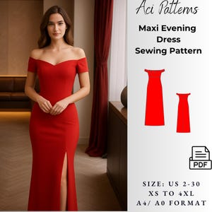 Patrón de costura para vestido de escote corazón con hombros descubiertos, patrón de costura para vestido de fiesta en PDF, vestido de dama de honor, tallas 2 a 30, formato A4, carta estadounidense, A0