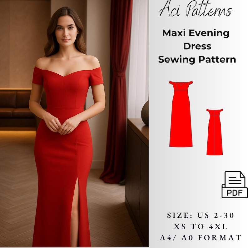 Off Shoulder Sweetheart Neck Dress Sewing Pattern, Prom Dress PDF Sewing Pattern Instant Download, Bridesmaid Dress PDF A4-A0 Format 2To 30 image 1