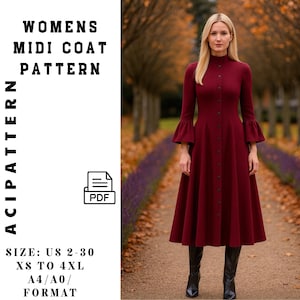 Könnte beinhalten: Ein burgunderfarbener Midimantel mit hohem Kragen und Knopfleiste. Der Mantel hat lange Ärmel mit ausgestellten Manschetten. Der Text im Bild lautet "WOMENS MIDI COAT PATTERN" und "ACIPATTERN". Größen US 2-30, XS bis 4XL, A4/A0-Format.