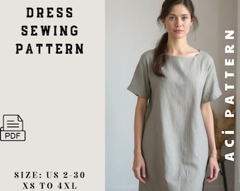 Linen Basic Dress Model -Loose Dress Sewing Model -DIY Dress Model - Summer Boat Neck Dress Model - A Cut Mini Dress Model -Summer Dress PDF