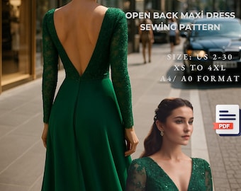 Backless dress Evening Gown,Maxi Dress Sewing Pattern,range of size options, Ladies size 2 to 30-A4-US LETTER-A0 Format