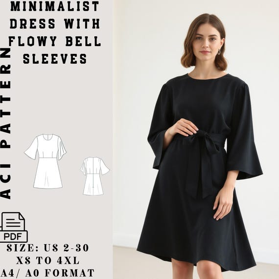 Elegant Black A-Line Dress with Waist Tie  Flowy Bell Sleeve Minimalist  Dress for Women- Ladies size 2 to 30-A4-US LETTER-A0 Format