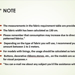 May include: A note with instructions for fabric requirements for sewing projects. The note mentions that fabric width is 130 cm and that extra fabric may be needed for patterned fabrics. It also mentions that buttons, ribbons, and stones are accessories added for visual purposes.