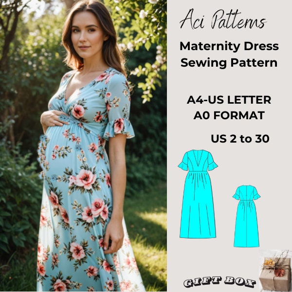 Maternity Gown Dress Sewing Pattern, Ladies size 2 to 30-A4-US LETTER-A0 Format