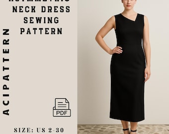 Midi Kleid mit asymmetrischem Kragen Schnittmuster (PDF Download): Grösse 30