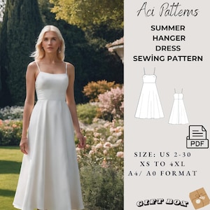 Vestido de verano con percha, vestido de verano midi, patrón de costura digital adecuado para damas talla 2 a 30, formato A4, carta de EE. UU., A0