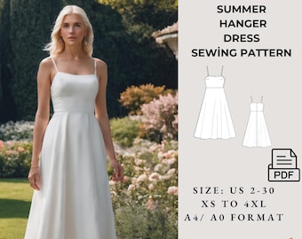 May include: A sewing pattern for a white summer dress with a hanger style. The pattern is available in sizes US 2-30, XS to 4XL, and comes in A4/A0 format. The text "Aci Patterns" and "Summer Hanger Dress Sewing Pattern" is displayed at the top of the image. The text "SIZE: US 2-30 XS TO 4XL A4/A0 FORMAT" is displayed at the bottom of the image.